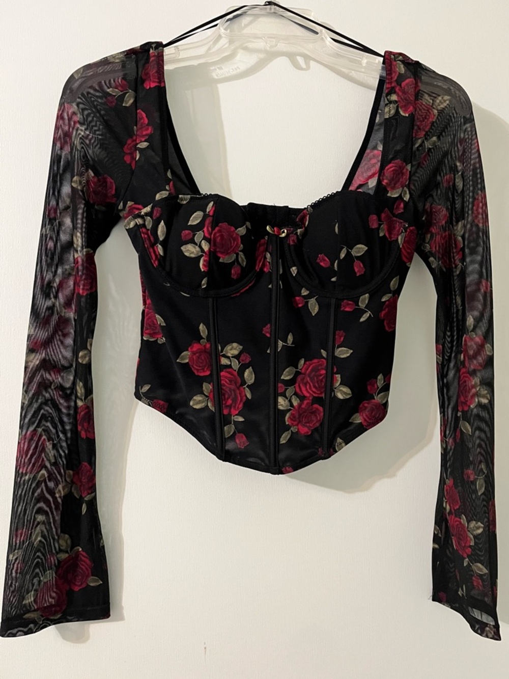 Garage Black Sheer Red Rose Pattern Long Bell Sleeve Corset Top